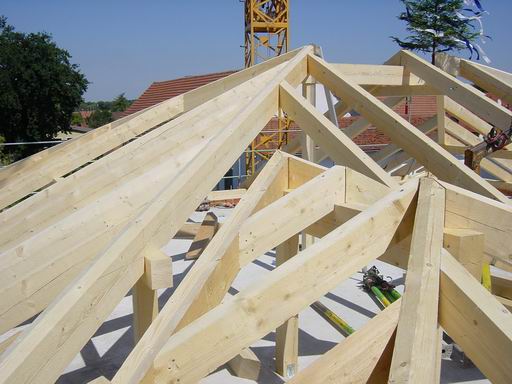 Blick auf die frisch errichteten Holzsparren eines Dachstuhls